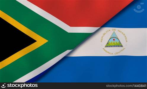 Two states flags of South Africa and Nicaragua. High quality business background. 3d illustration. The flags of South Africa and Nicaragua. News, reportage, business background. 3d illustration