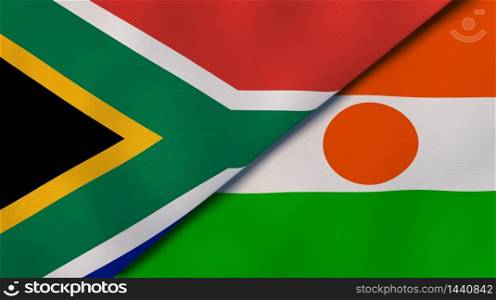 Two states flags of South Africa and Niger. High quality business background. 3d illustration. The flags of South Africa and Niger. News, reportage, business background. 3d illustration