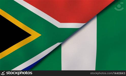 Two states flags of South Africa and Nigeria. High quality business background. 3d illustration. The flags of South Africa and Nigeria. News, reportage, business background. 3d illustration