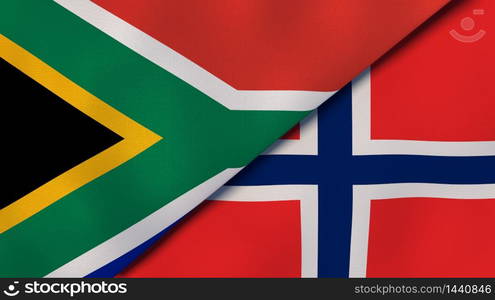 Two states flags of South Africa and Norway. High quality business background. 3d illustration. The flags of South Africa and Norway. News, reportage, business background. 3d illustration