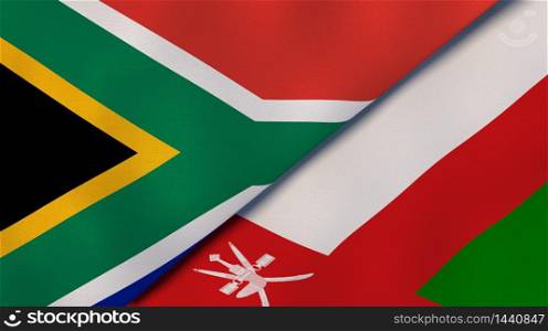 Two states flags of South Africa and Oman. High quality business background. 3d illustration. The flags of South Africa and Oman. News, reportage, business background. 3d illustration