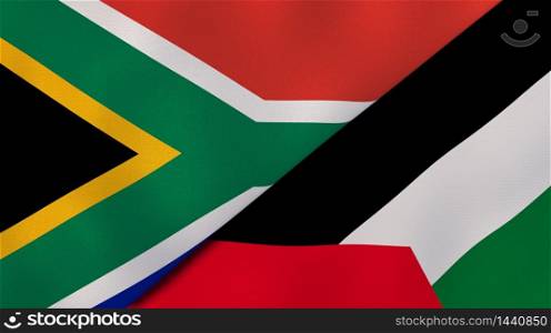 Two states flags of South Africa and Palestine. High quality business background. 3d illustration. The flags of South Africa and Palestine. News, reportage, business background. 3d illustration