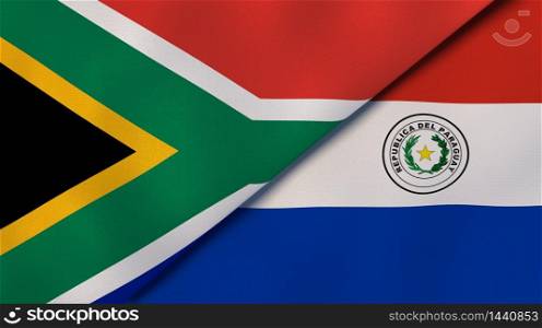 Two states flags of South Africa and Paraguay. High quality business background. 3d illustration. The flags of South Africa and Paraguay. News, reportage, business background. 3d illustration