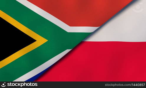 Two states flags of South Africa and Poland. High quality business background. 3d illustration. The flags of South Africa and Poland. News, reportage, business background. 3d illustration