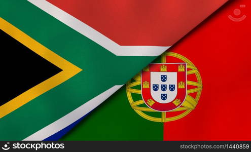 Two states flags of South Africa and Portugal. High quality business background. 3d illustration. The flags of South Africa and Portugal. News, reportage, business background. 3d illustration