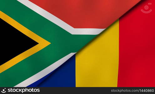Two states flags of South Africa and Romania. High quality business background. 3d illustration. The flags of South Africa and Romania. News, reportage, business background. 3d illustration