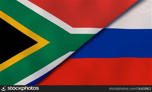 Two states flags of South Africa and Russia. High quality business background. 3d illustration. The flags of South Africa and Russia. News, reportage, business background. 3d illustration