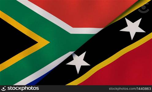 Two states flags of South Africa and Saint Kitts and Nevis. High quality business background. 3d illustration. The flags of South Africa and Saint Kitts and Nevis. News, reportage, business background. 3d illustration