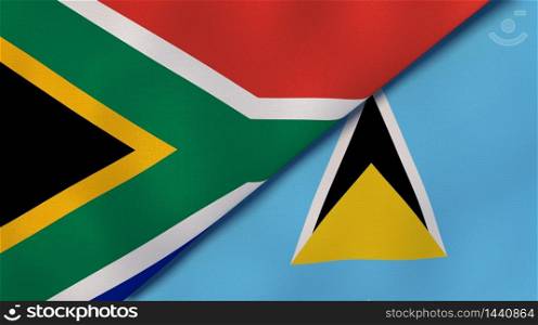 Two states flags of South Africa and Saint Lucia. High quality business background. 3d illustration. The flags of South Africa and Saint Lucia. News, reportage, business background. 3d illustration