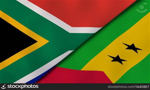 Two states flags of South Africa and Sao Tome and Principe. High quality business background. 3d illustration. The flags of South Africa and Sao Tome and Principe. News, reportage, business background. 3d illustration