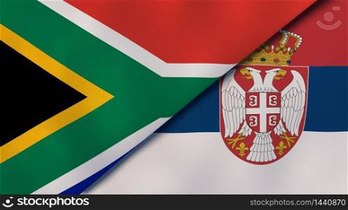 Two states flags of South Africa and Serbia. High quality business background. 3d illustration. The flags of South Africa and Serbia. News, reportage, business background. 3d illustration