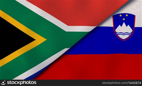 Two states flags of South Africa and Slovenia. High quality business background. 3d illustration. The flags of South Africa and Slovenia. News, reportage, business background. 3d illustration