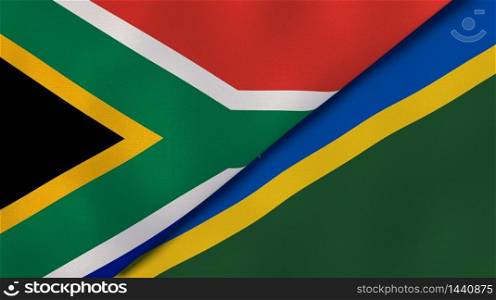 Two states flags of South Africa and Solomon Islands. High quality business background. 3d illustration. The flags of South Africa and Solomon Islands. News, reportage, business background. 3d illustration