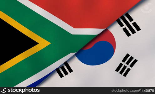 Two states flags of South Africa and South Korea. High quality business background. 3d illustration. The flags of South Africa and South Korea. News, reportage, business background. 3d illustration