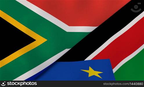 Two states flags of South Africa and South Sudan. High quality business background. 3d illustration. The flags of South Africa and South Sudan. News, reportage, business background. 3d illustration