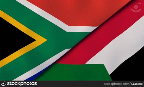 Two states flags of South Africa and Sudan. High quality business background. 3d illustration. The flags of South Africa and Sudan. News, reportage, business background. 3d illustration