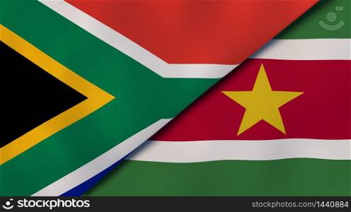 Two states flags of South Africa and Suriname. High quality business background. 3d illustration. The flags of South Africa and Suriname. News, reportage, business background. 3d illustration