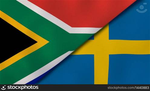 Two states flags of South Africa and Sweden. High quality business background. 3d illustration. The flags of South Africa and Sweden. News, reportage, business background. 3d illustration