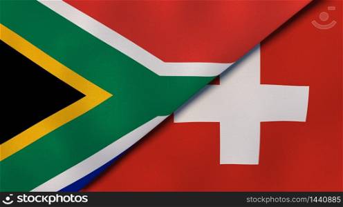 Two states flags of South Africa and Switzerland. High quality business background. 3d illustration. The flags of South Africa and Switzerland. News, reportage, business background. 3d illustration