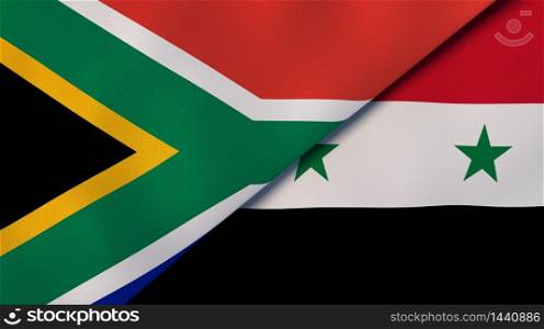 Two states flags of South Africa and Syria. High quality business background. 3d illustration. The flags of South Africa and Syria. News, reportage, business background. 3d illustration