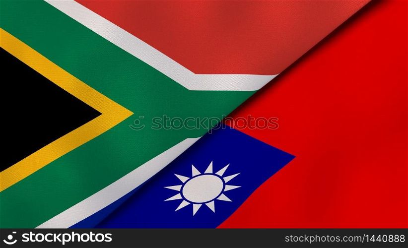Two states flags of South Africa and Taiwan. High quality business background. 3d illustration. The flags of South Africa and Taiwan. News, reportage, business background. 3d illustration