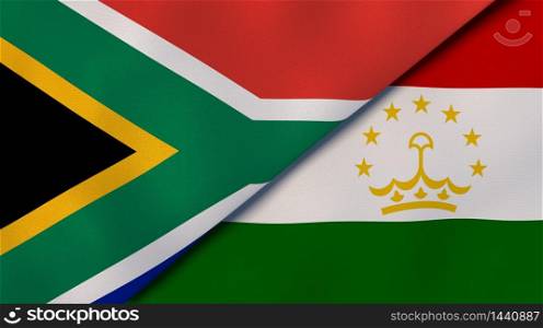 Two states flags of South Africa and Tajikistan. High quality business background. 3d illustration. The flags of South Africa and Tajikistan. News, reportage, business background. 3d illustration