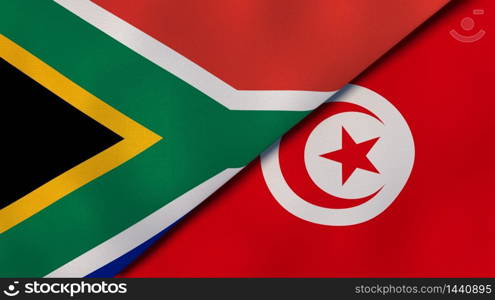 Two states flags of South Africa and Tunisia. High quality business background. 3d illustration. The flags of South Africa and Tunisia. News, reportage, business background. 3d illustration