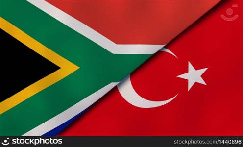 Two states flags of South Africa and Turkey. High quality business background. 3d illustration. The flags of South Africa and Turkey. News, reportage, business background. 3d illustration