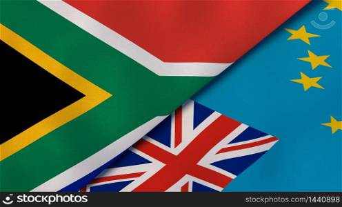 Two states flags of South Africa and Tuvalu. High quality business background. 3d illustration. The flags of South Africa and Tuvalu. News, reportage, business background. 3d illustration