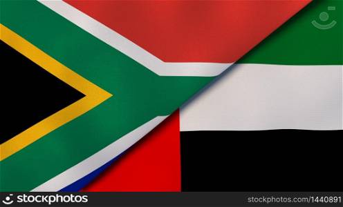 Two states flags of South Africa and United Arab Emirates. High quality business background. 3d illustration. The flags of South Africa and United Arab Emirates. News, reportage, business background. 3d illustration