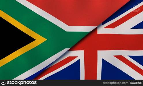 Two states flags of South Africa and United Kingdom. High quality business background. 3d illustration. The flags of South Africa and United Kingdom. News, reportage, business background. 3d illustration