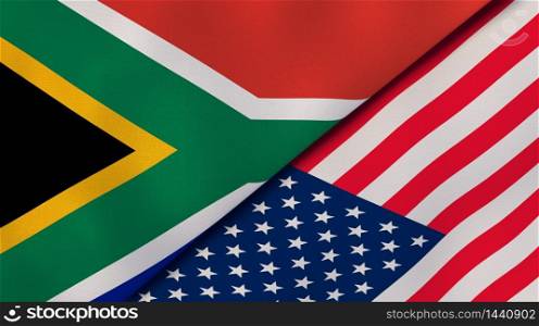Two states flags of South Africa and United States. High quality business background. 3d illustration. The flags of South Africa and United States. News, reportage, business background. 3d illustration
