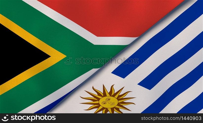 Two states flags of South Africa and Uruguay. High quality business background. 3d illustration. The flags of South Africa and Uruguay. News, reportage, business background. 3d illustration