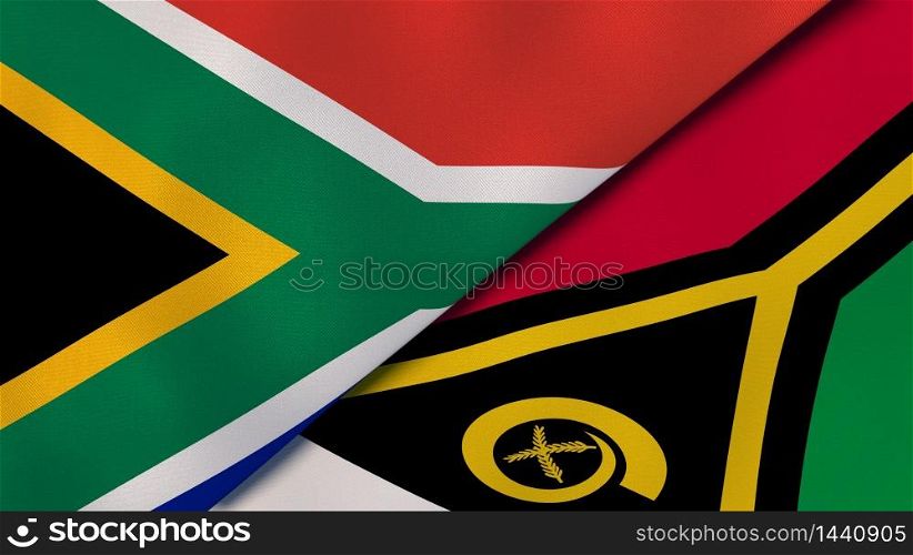 Two states flags of South Africa and Vanuatu. High quality business background. 3d illustration. The flags of South Africa and Vanuatu. News, reportage, business background. 3d illustration