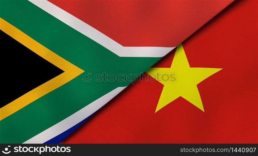 Two states flags of South Africa and Vietnam. High quality business background. 3d illustration. The flags of South Africa and Vietnam. News, reportage, business background. 3d illustration