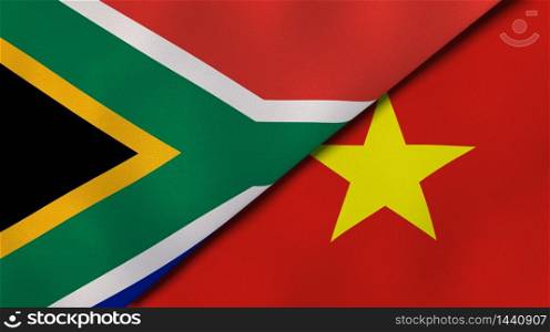 Two states flags of South Africa and Vietnam. High quality business background. 3d illustration. The flags of South Africa and Vietnam. News, reportage, business background. 3d illustration