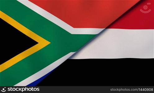 Two states flags of South Africa and Yemen. High quality business background. 3d illustration. The flags of South Africa and Yemen. News, reportage, business background. 3d illustration