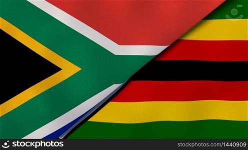 Two states flags of South Africa and Zimbabwe. High quality business background. 3d illustration. The flags of South Africa and Zimbabwe. News, reportage, business background. 3d illustration