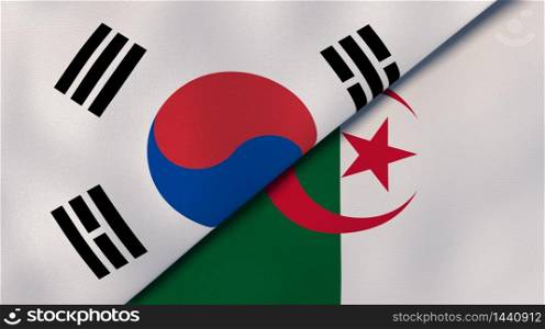 Two states flags of South Korea and Algeria. High quality business background. 3d illustration. The flags of South Korea and Algeria. News, reportage, business background. 3d illustration