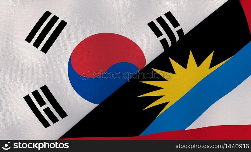 Two states flags of South Korea and Antigua and Barbuda. High quality business background. 3d illustration. The flags of South Korea and Antigua and Barbuda. News, reportage, business background. 3d illustration
