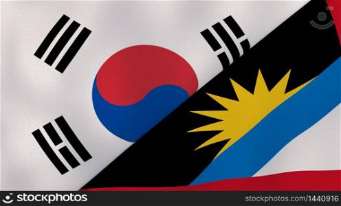 Two states flags of South Korea and Antigua and Barbuda. High quality business background. 3d illustration. The flags of South Korea and Antigua and Barbuda. News, reportage, business background. 3d illustration