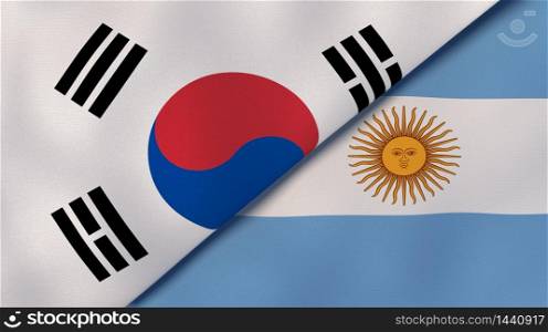 Two states flags of South Korea and Argentina. High quality business background. 3d illustration. The flags of South Korea and Argentina. News, reportage, business background. 3d illustration