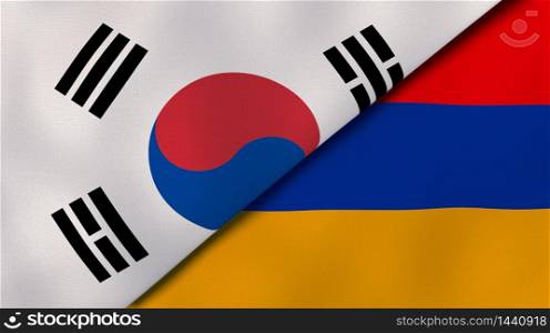 Two states flags of South Korea and Armenia. High quality business background. 3d illustration. The flags of South Korea and Armenia. News, reportage, business background. 3d illustration