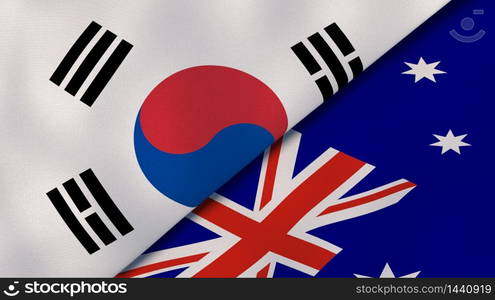 Two states flags of South Korea and Australia. High quality business background. 3d illustration. The flags of South Korea and Australia. News, reportage, business background. 3d illustration