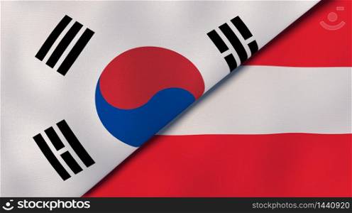 Two states flags of South Korea and Austria. High quality business background. 3d illustration. The flags of South Korea and Austria. News, reportage, business background. 3d illustration