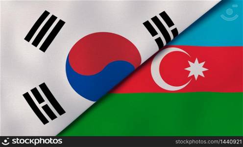 Two states flags of South Korea and Azerbaijan. High quality business background. 3d illustration. The flags of South Korea and Azerbaijan. News, reportage, business background. 3d illustration