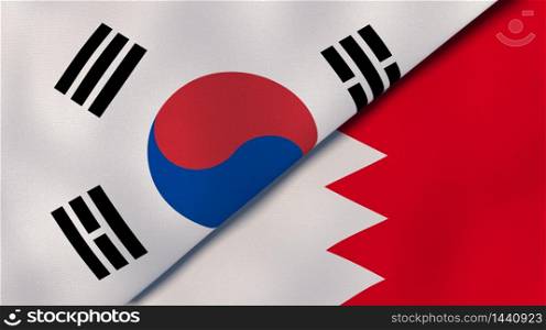Two states flags of South Korea and Bahrain. High quality business background. 3d illustration. The flags of South Korea and Bahrain. News, reportage, business background. 3d illustration