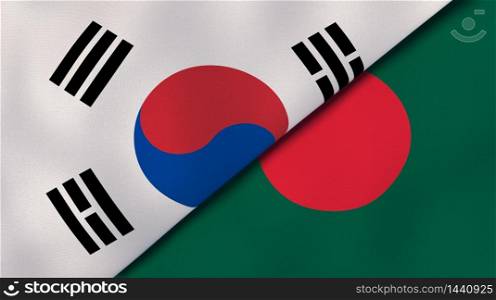 Two states flags of South Korea and Bangladesh. High quality business background. 3d illustration. The flags of South Korea and Bangladesh. News, reportage, business background. 3d illustration