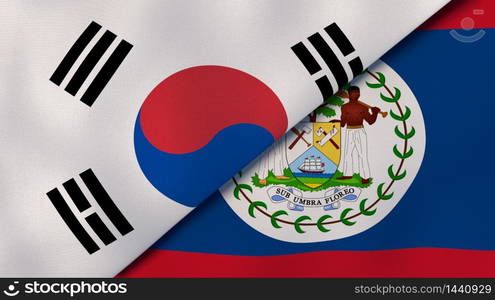 Two states flags of South Korea and Belize. High quality business background. 3d illustration. The flags of South Korea and Belize. News, reportage, business background. 3d illustration