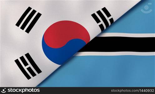 Two states flags of South Korea and Botswana. High quality business background. 3d illustration. The flags of South Korea and Botswana. News, reportage, business background. 3d illustration